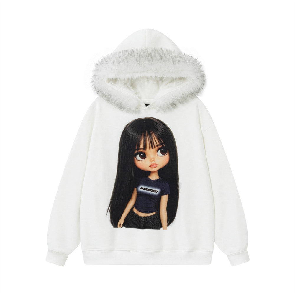 Cartoon printed fur collar hooded sweatshirt