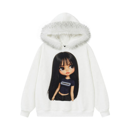 Cartoon printed fur collar hooded sweatshirt