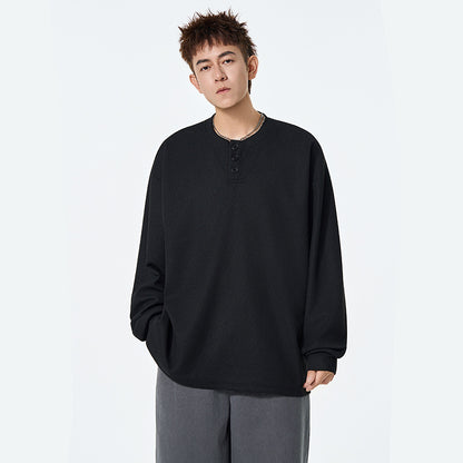 Slim Fit Waffle Knit Henley Neck Long Sleeve T-Shirt Men's Autumn New Casual Versatile Basic Inner Layer Pullover Sweatshirt