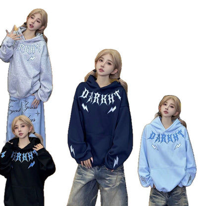 Lightning Letter Print Hoodie for Women, Vintage Street Style, Loose Drop Shoulder Top