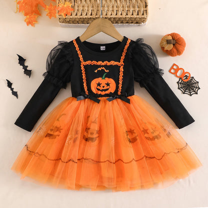 Halloween Girls' Tulle Princess Dress with Bat and Pumpkin Print, Long Sleeve, Children's Performance Tutu Dress