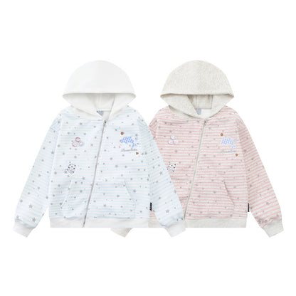 Striped star dolphin embroidered hooded cardigan