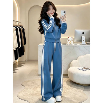 Sporty Stripe Hoodie Set for Women, Spring and Autumn, Stand Collar, Slim Fit, Casual Two-Piece Outfit, Loose Style