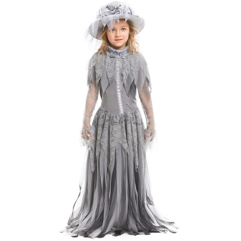 Halloween Ghost Princess Cosplay Skeleton Bride Costume Victorian Era Children's Ball Gown Dress