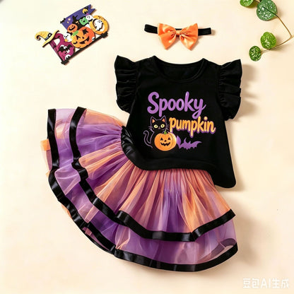 Halloween Kids Costume Set with Flutter Sleeve T-Shirt, Skirt, Ghost Print Festival Party Outfit