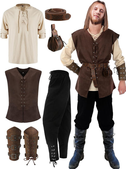 7-Piece Halloween Men's Renaissance Costume Set Medieval Pirate Shirt Ankle Band Pants