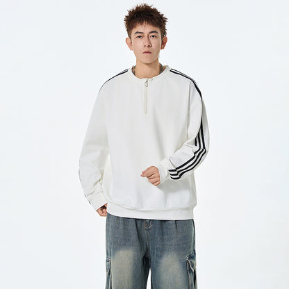 Thick Lightweight Hoodie Men Autumn Loose Fashion Brand Striped Base Layer Round Neck High Street Versatile Couple Tops
