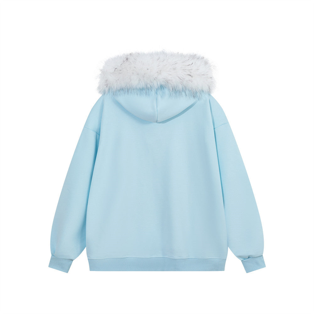 Cartoon printed fur collar hooded sweatshirt