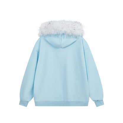 Cartoon printed fur collar hooded sweatshirt