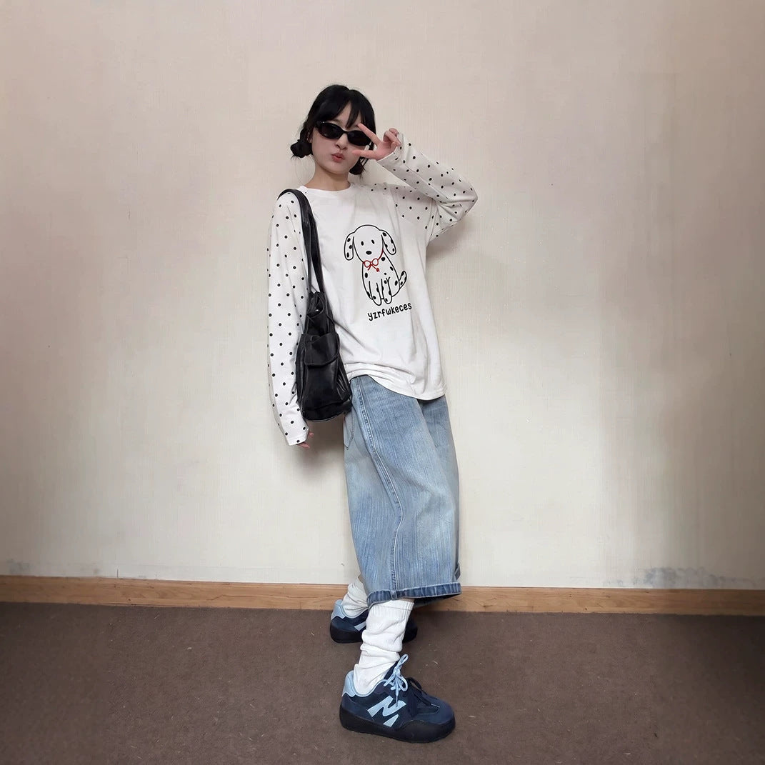 Casual Printed Dog Polka Dot Long Sleeve T-Shirt for Women
