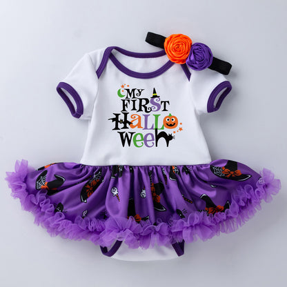 Halloween Baby Party Outfit Printed Pumpkin Short Sleeve Romper Dress with Hair Accessories 2-Piece Set Infant Onesie Dress