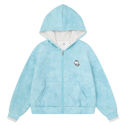 Light blue sparkling kitten embroidery hooded cardigan for women