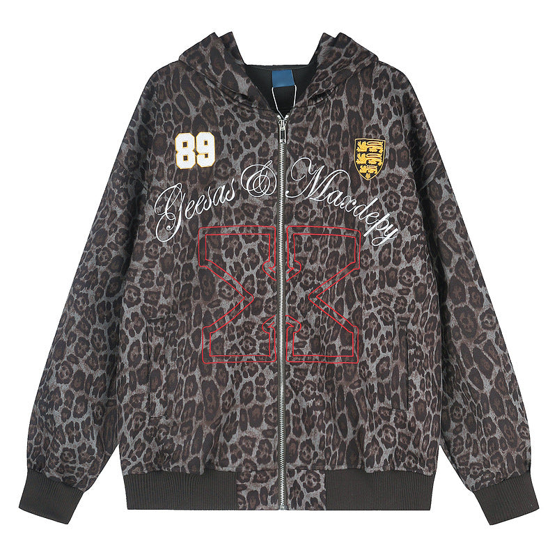 Retro leopard print hooded zipper cardigan