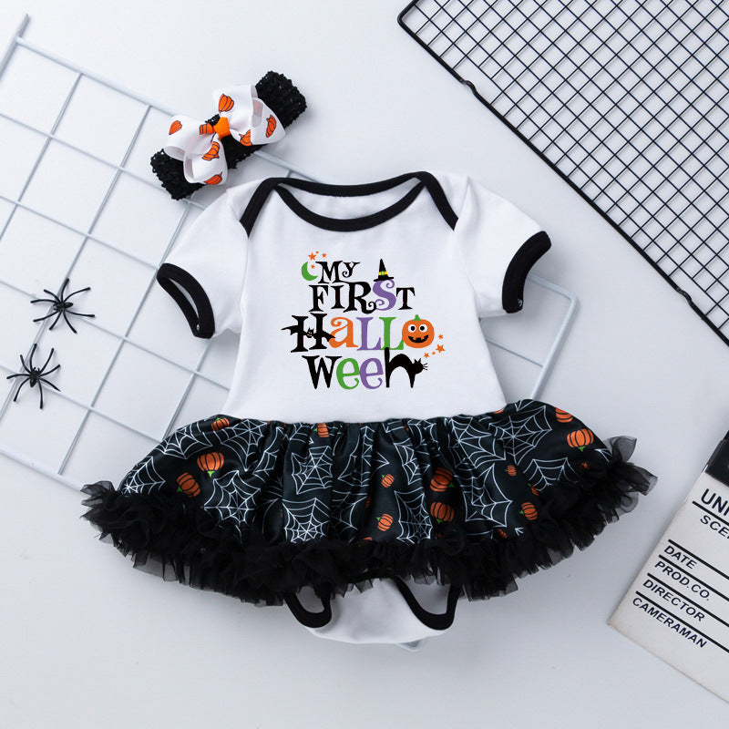 Halloween Baby Party Outfit Printed Pumpkin Short Sleeve Romper Dress with Hair Accessories 2-Piece Set Infant Onesie Dress