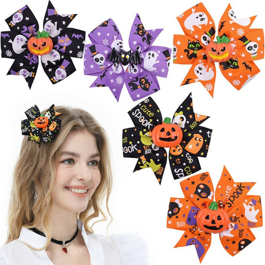 Halloween Accessories Pumpkin Lantern Black Bat Ghost Print Bow One Size Adult Hair Clip