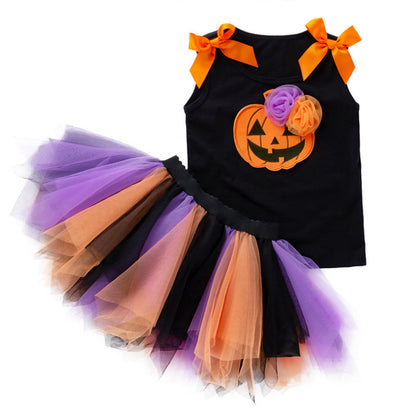 Halloween Kids Outfit 2-7 Years Girls Pumpkin Skull Vest T-Shirt &amp; Cape Skirt Set