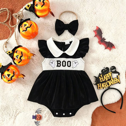 Baby Ghost Print Princess Romper Halloween Outfit for Newborns, Infant Bodysuit Crawling Clothes