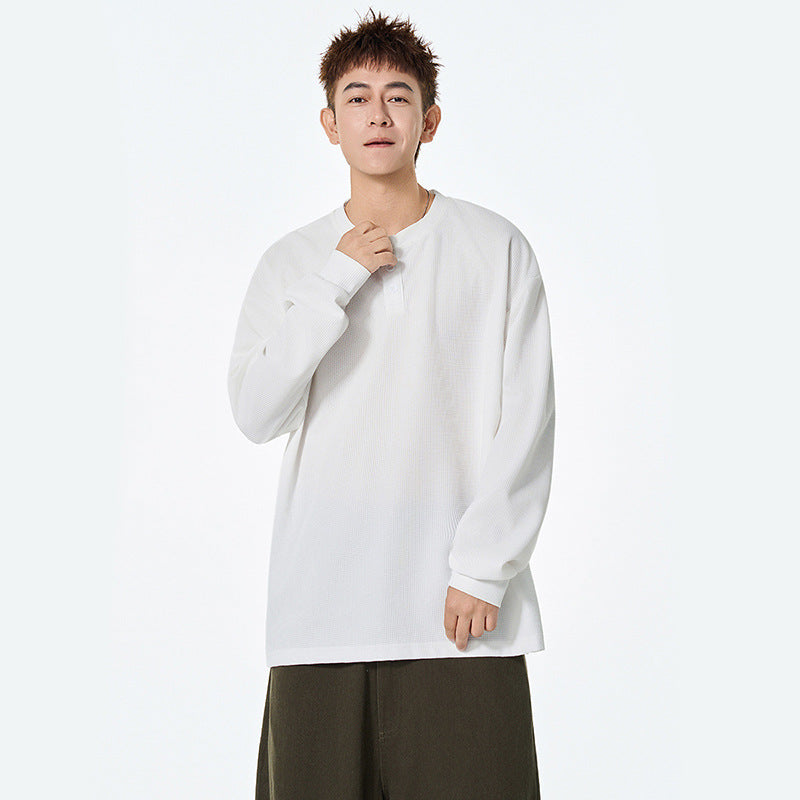 Slim Fit Waffle Knit Henley Neck Long Sleeve T-Shirt Men's Autumn New Casual Versatile Basic Inner Layer Pullover Sweatshirt
