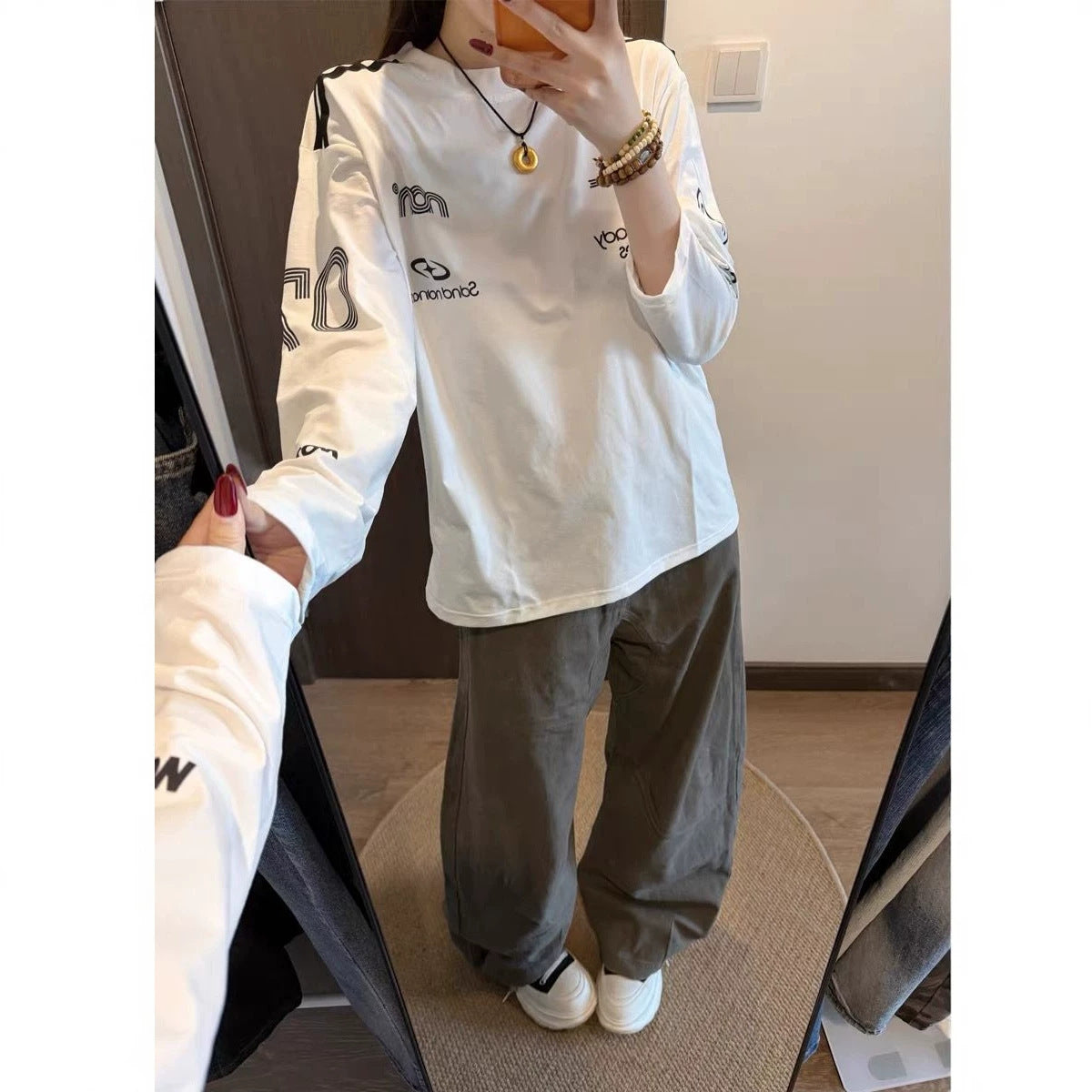 Vintage Stripe Sport Racing Letter Long Sleeve T-Shirt for Women