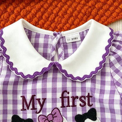 Infant Romper Purple Plaid Peter Pan Collar Ghost Embroidery Baby Halloween Triangular Crawler Onesie