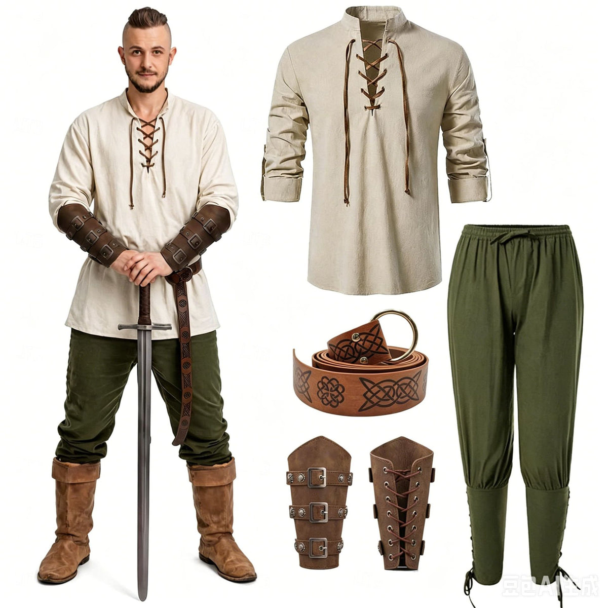 5-Piece Halloween Men's Renaissance Costume Set Medieval Pirate Shirt Ankle Band Pants