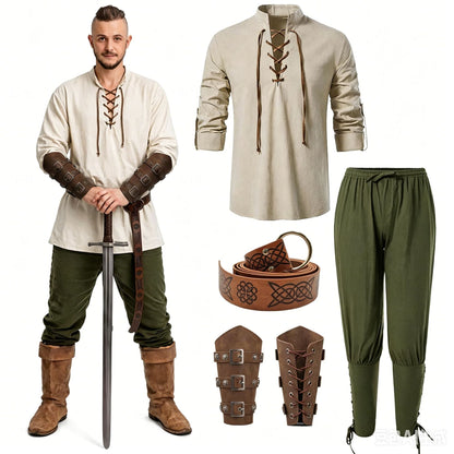 5-Piece Halloween Men's Renaissance Costume Set Medieval Pirate Shirt Ankle Band Pants