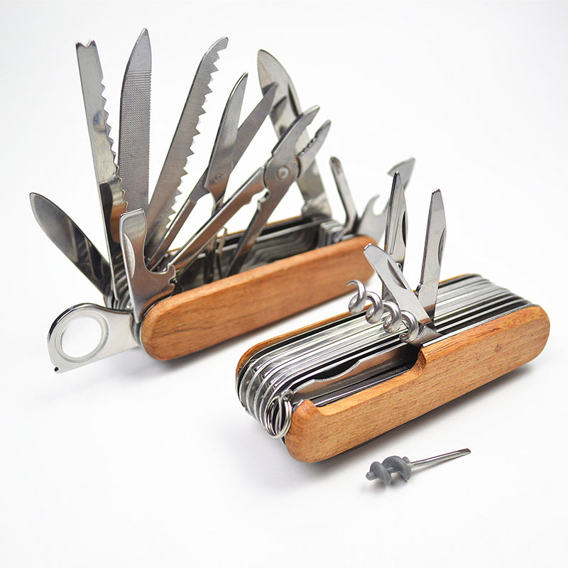 Multi Functional Outdoor Portable Self-Defense Folding Long Combination Tool Pliers Retro Wooden Handle Portable Multi-Purpose Camping Tool