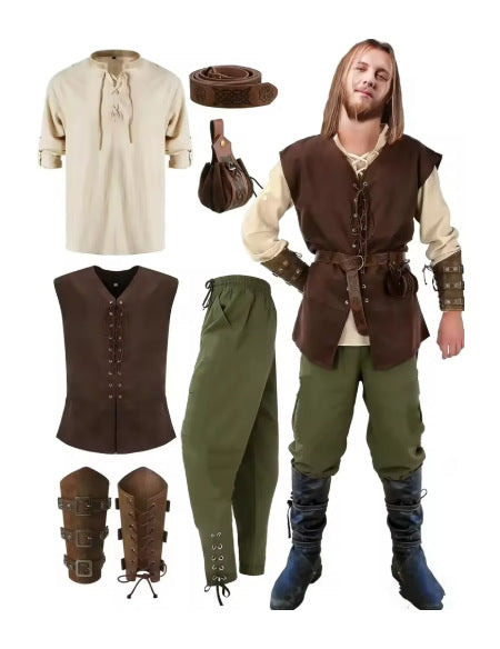 7-Piece Halloween Men's Renaissance Costume Set Medieval Pirate Shirt Ankle Band Pants