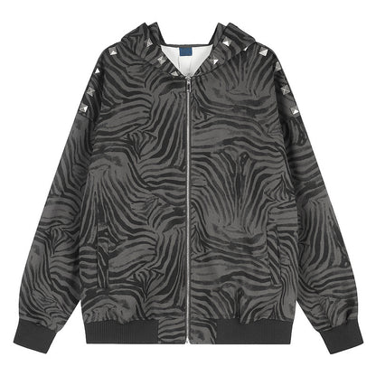 Black gray tiger pattern rivet hooded cardigan for women