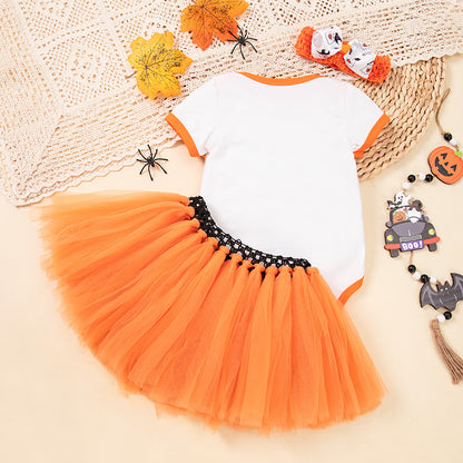 Baby Halloween Costume Cotton Short Sleeve Embroidered Witch Hat Pumpkin Romper Bowknot Handmade Set