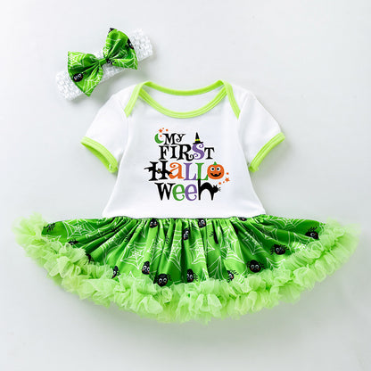 Halloween Baby Party Outfit Printed Pumpkin Short Sleeve Romper Dress with Hair Accessories 2-Piece Set Infant Onesie Dress