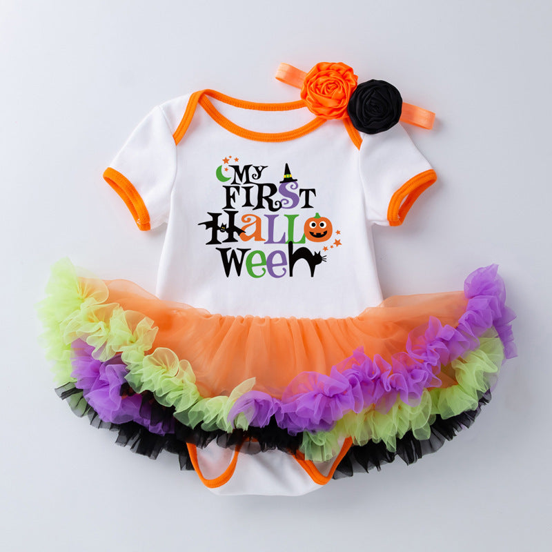 Halloween Baby Party Outfit Printed Pumpkin Short Sleeve Romper Dress with Hair Accessories 2-Piece Set Infant Onesie Dress