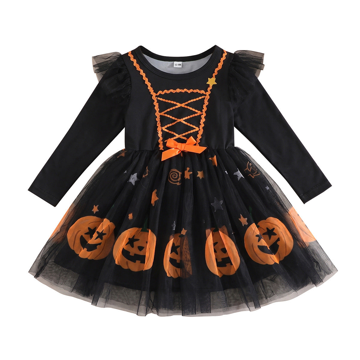 Halloween Girls' Tulle Princess Dress with Bat and Pumpkin Print, Long Sleeve, Children's Performance Tutu Dress