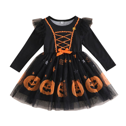 Halloween Girls' Tulle Princess Dress with Bat and Pumpkin Print, Long Sleeve, Children's Performance Tutu Dress