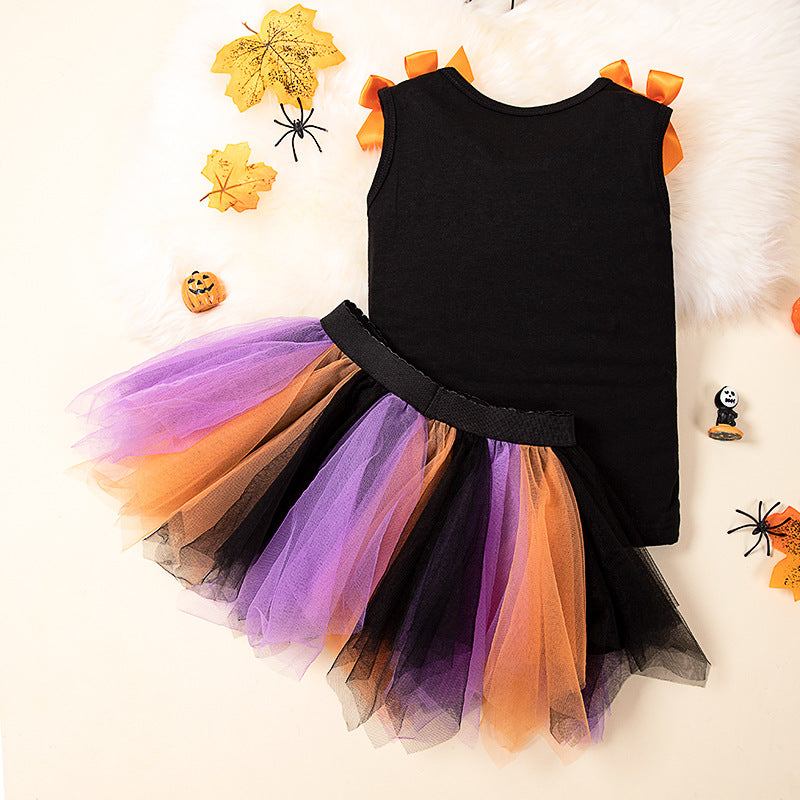 Halloween Kids Outfit 2-7 Years Girls Pumpkin Skull Vest T-Shirt &amp; Cape Skirt Set