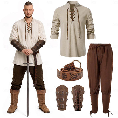 5-Piece Halloween Men's Renaissance Costume Set Medieval Pirate Shirt Ankle Band Pants