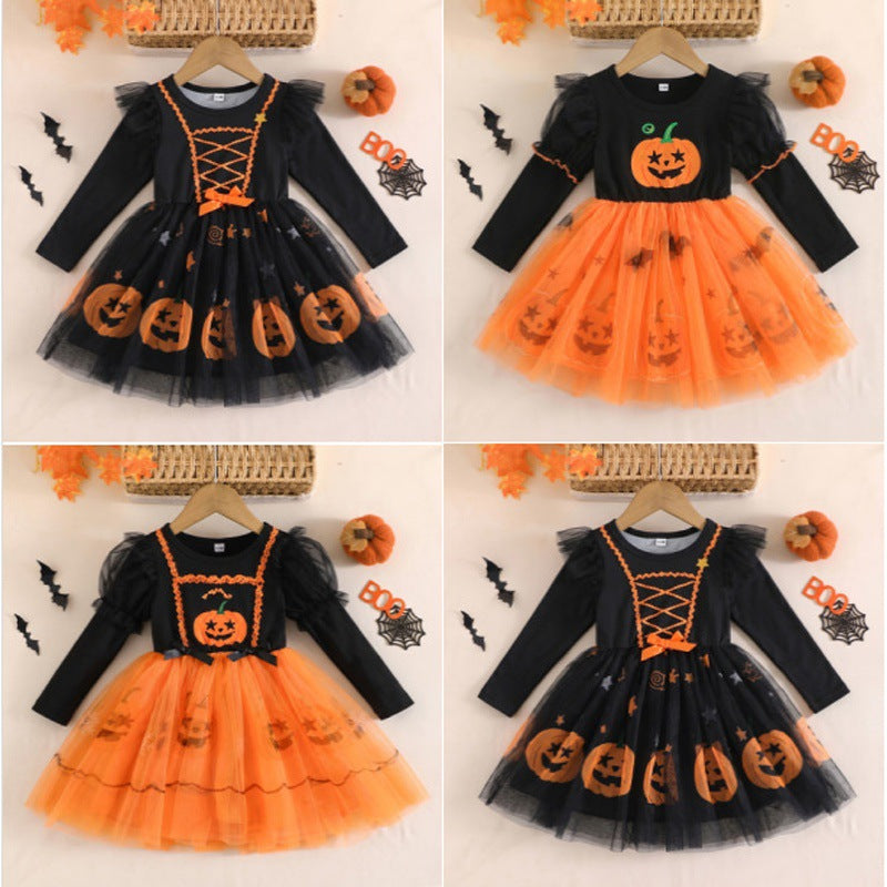 Halloween Girls' Tulle Princess Dress with Bat and Pumpkin Print, Long Sleeve, Children's Performance Tutu Dress