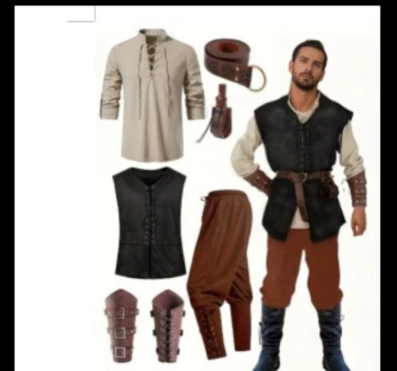 7-Piece Halloween Men's Renaissance Costume Set Medieval Pirate Shirt Ankle Band Pants
