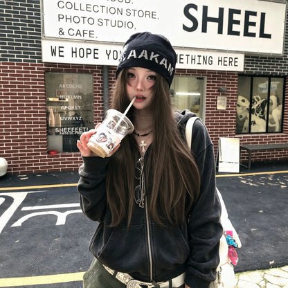 Washed Distressed Black Hooded Sweatshirt Jacket for Women