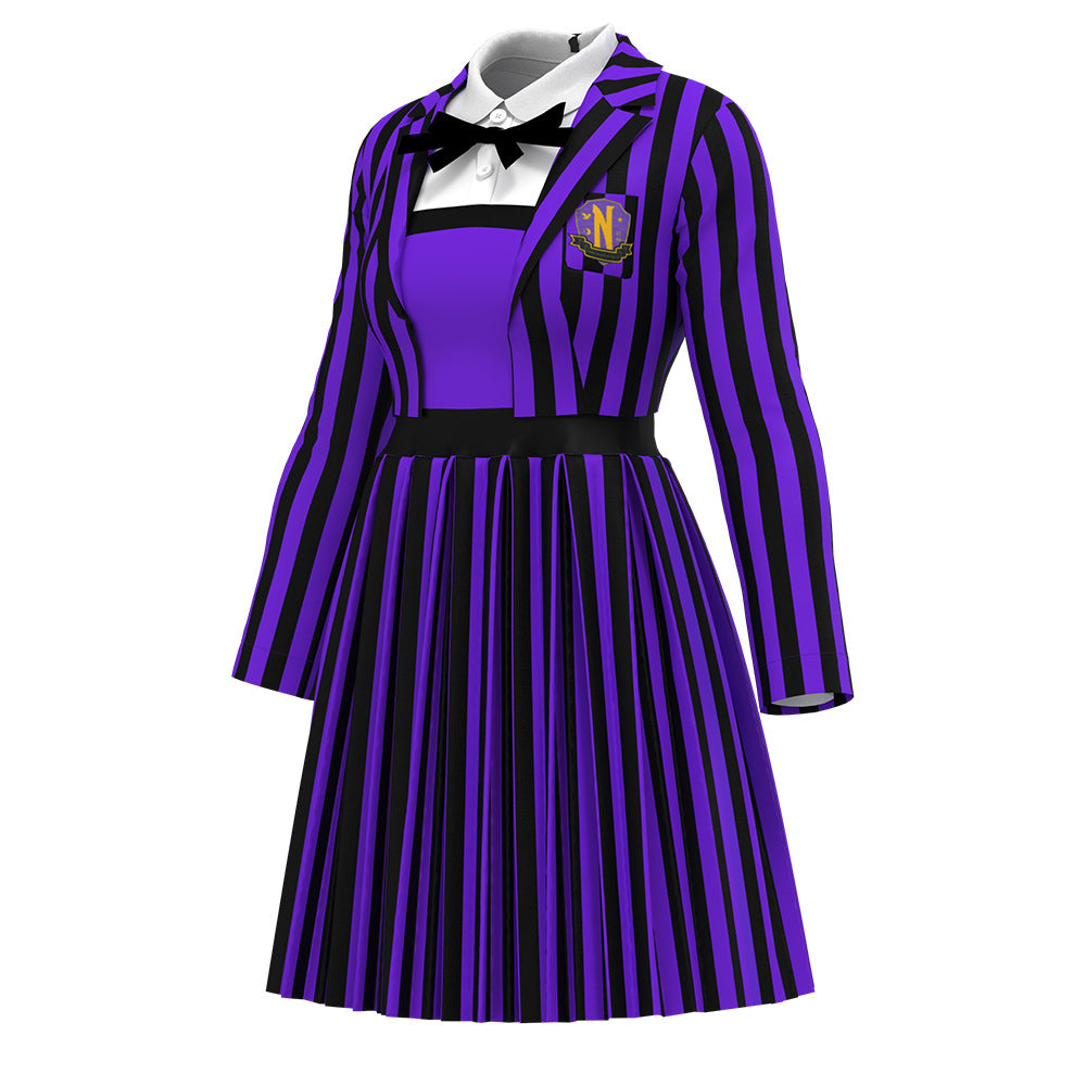 Halloween Cosplay Addams Family Striped Costume Wednesday Wolf Girl Dress Costume