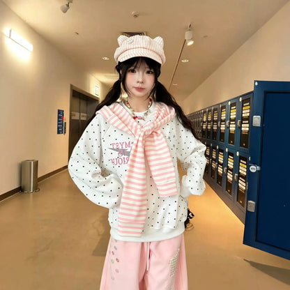 Retro Color-block Polka Dot Hoodie with Detachable Shawl, Loose Sweatshirt