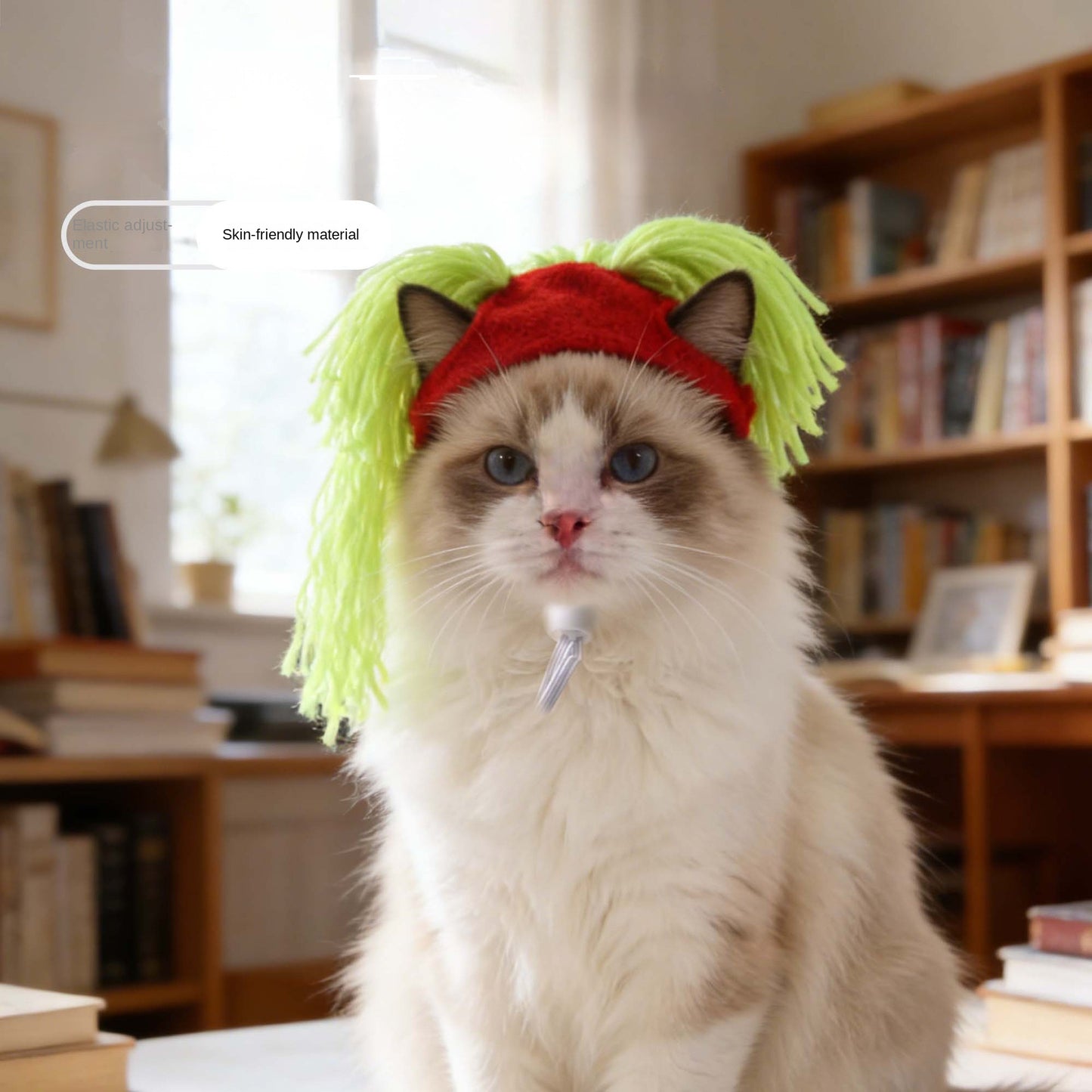 Pet wool hat for cats with funny double braided hairstyle