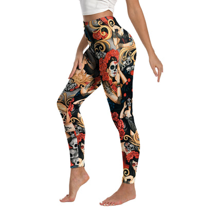 Halloween Women's Leggings Day of the Dead Skull Digital Print Yoga Tights Women's Fitness Stretch Pants