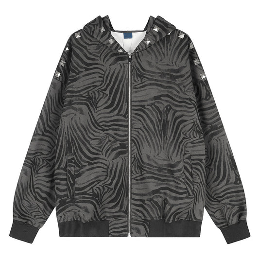 Black gray tiger pattern rivet hooded cardigan for women