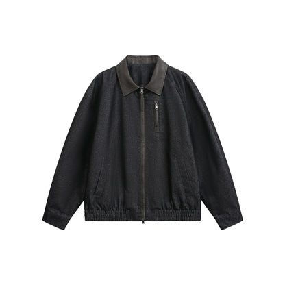 Loose PU Leather Patchwork Stand Collar Color-blocked Original Denim Jacket for Men
