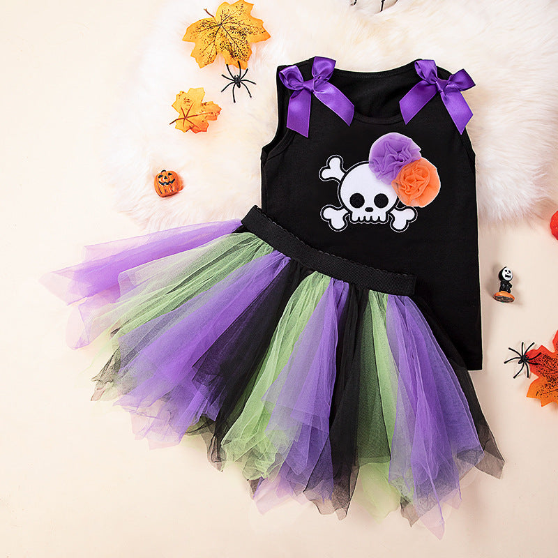 Halloween Kids Outfit 2-7 Years Girls Pumpkin Skull Vest T-Shirt &amp; Cape Skirt Set