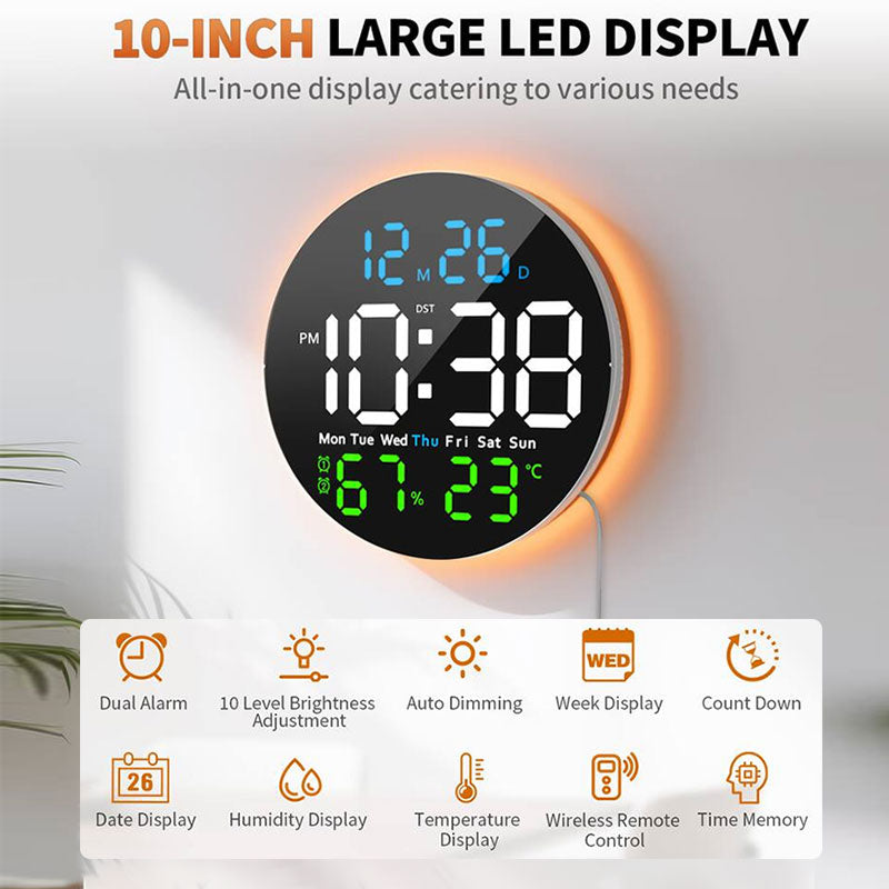 10 Inch Digital Wall Clock with Mood Light TEMP Humidity Date Week Timer Brightness Adjustment Remote DST LED Alarm Clock