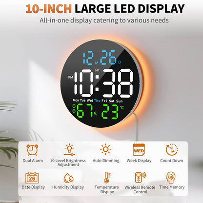 10 Inch Digital Wall Clock with Mood Light TEMP Humidity Date Week Timer Brightness Adjustment Remote DST LED Alarm Clock