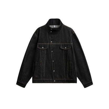Irregular Slant Neck Short Denim Jacket for Men,  Vintage Loose Fit Style