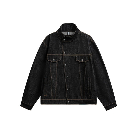 Irregular Slant Neck Short Denim Jacket for Men,  Vintage Loose Fit Style